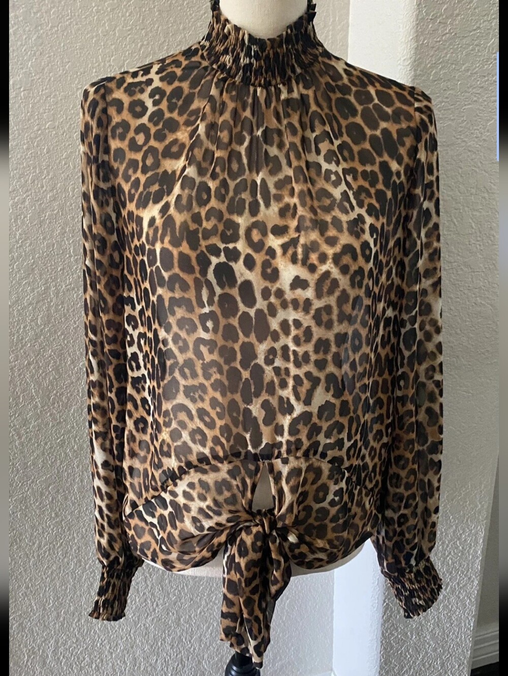 Leopard Print Tie-Hem Long-Sleeve Blouse